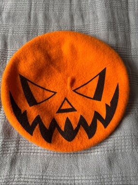 Orange Pumpkin Face Beret Hat - Halloween Costume Hat